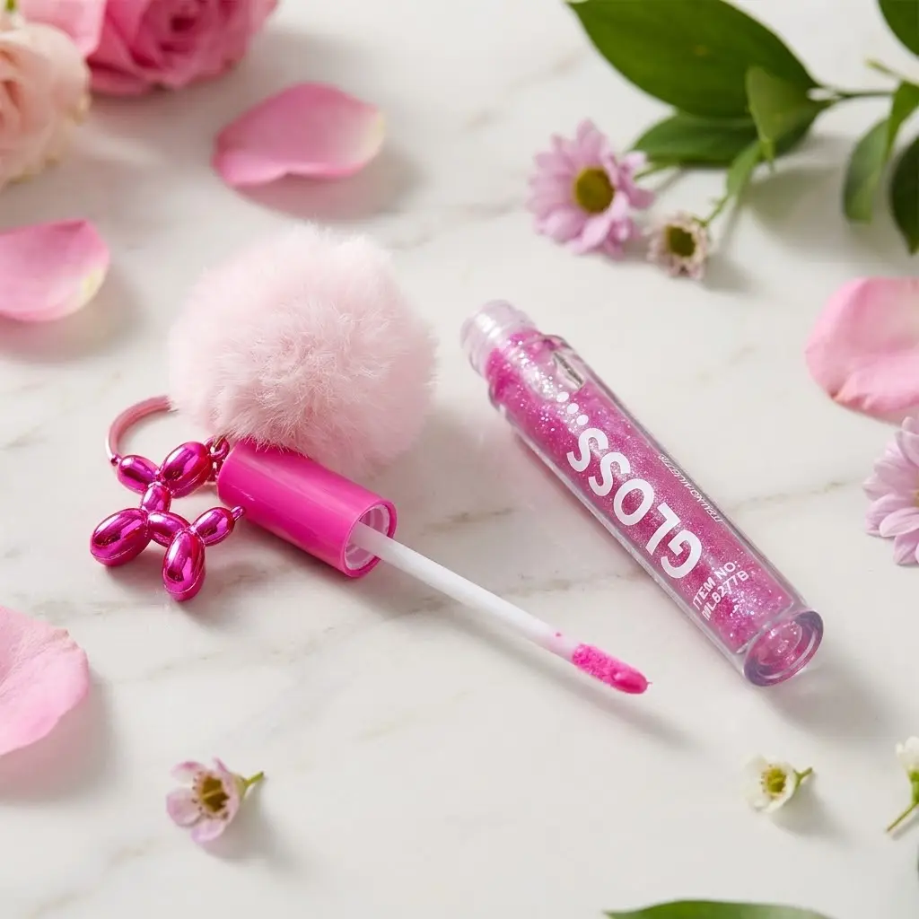 BRILLO LABIAL HIDRATANTE C/GLITTER Y LLAVERO POMPON-CT